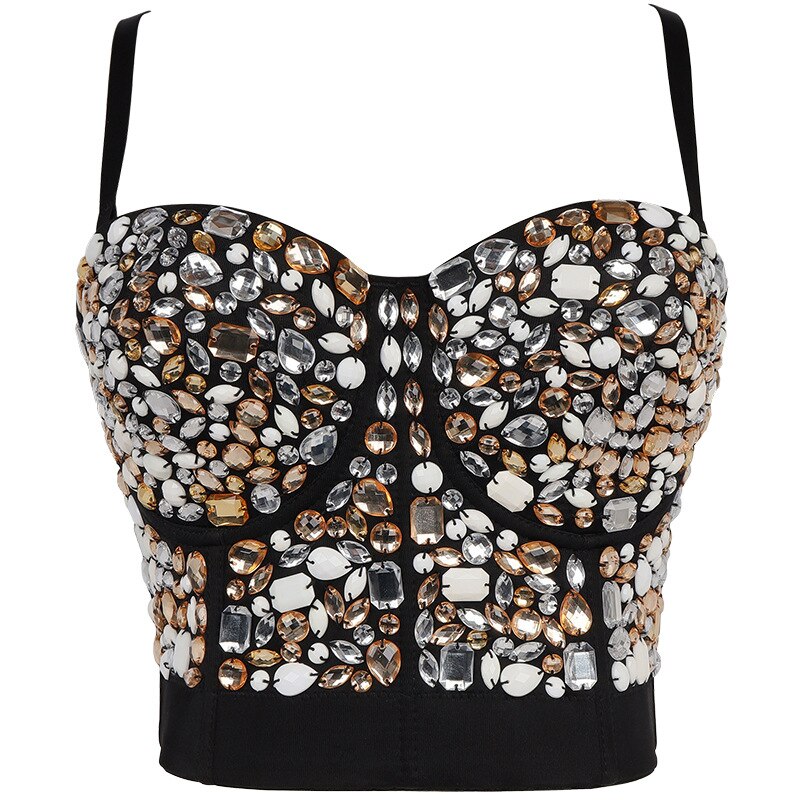 Crop Top With Built In Bra Acrylic Imitation Stones Push Up Sexy Corset Tops Performance Underwear Camisole
