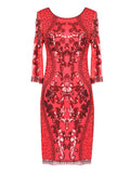 O Neck Formal Half Sleeve Women 1920s Vintage Gowns Tea Length Sequins Tulle Evening Dress