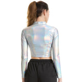 Metallic Liquid Turtleneck Long Sleeve Crop Top for Rave Club Dance Wet Look Short Holographic T-shirt Cropped Top