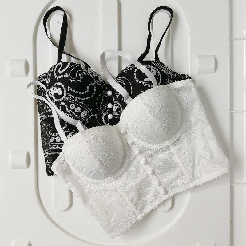 Off Shoulder Tanks Camis Summer Sexy Corset Lace Embroidery Short Crop Top To Wear Out Push Up Bralette Cropped