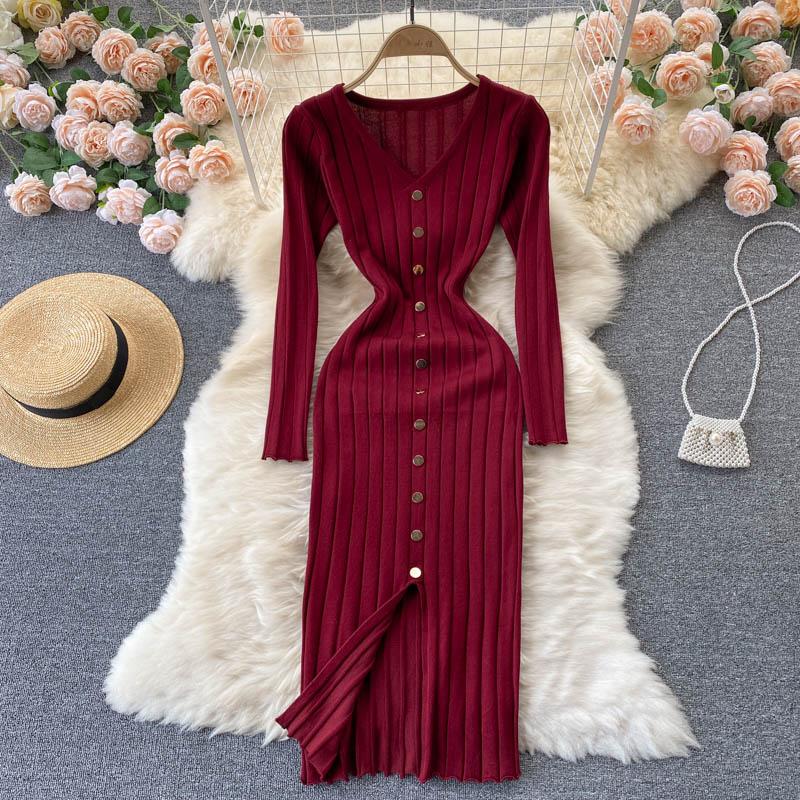 V Neck Long Sleeve Knitted Sweater Dress Winter Front Button Elegant Sexy Bodycon Midi Dress