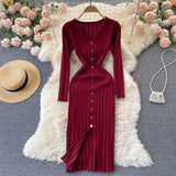 V Neck Long Sleeve Knitted Sweater Dress Winter Front Button Elegant Sexy Bodycon Midi Dress