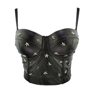 PU Leather Star Decor Sexy Black Beading Crop Top Women Solid Camis Tops With Built In Bra Push Up Bustier Corset