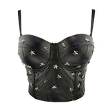 PU Leather Star Decor Sexy Black Beading Crop Top Women Solid Camis Tops With Built In Bra Push Up Bustier Corset