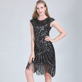 1920s Vintage Flapper Party Art Deco Great Gatsby Dress Shiny O-Neck Cap Sleeve Sequin Bead Fringe Embellished Dress