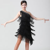 1920s Flapper Charleston Party Costumes Sexy One Shoulder Tiered Fringe Dress Latin Salsa Rumba Dance Dress