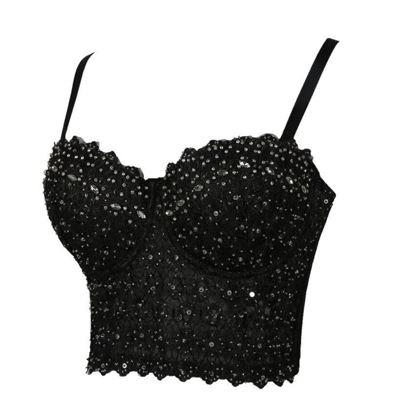 Cropped Tops With Built in Bra Women Lace Bright Glass Beading Crop Top Straps Sexy Women Corset Tops To Wear Out Bustier
