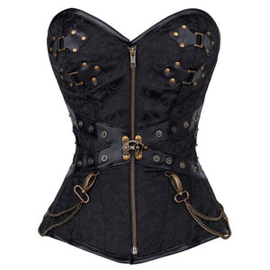 Faux Leather Steel Boned Bustiers Corsets Women Vintage Steampunk Cool Chain Design Brocade Zip up Corselet