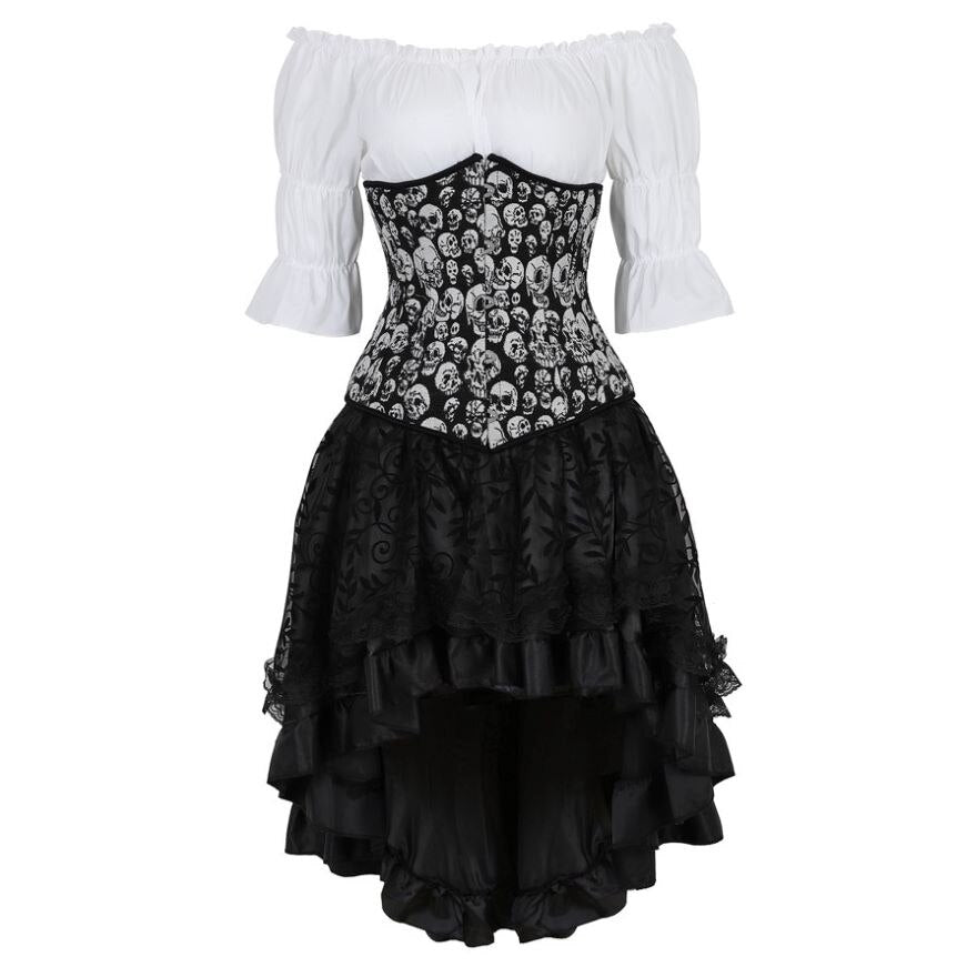 Gothic Skirt Set Underbust Corset Asymmetrical Floral Lace Skirt with Renaissance Blouse Three-Pieces Outfits Plus Size
