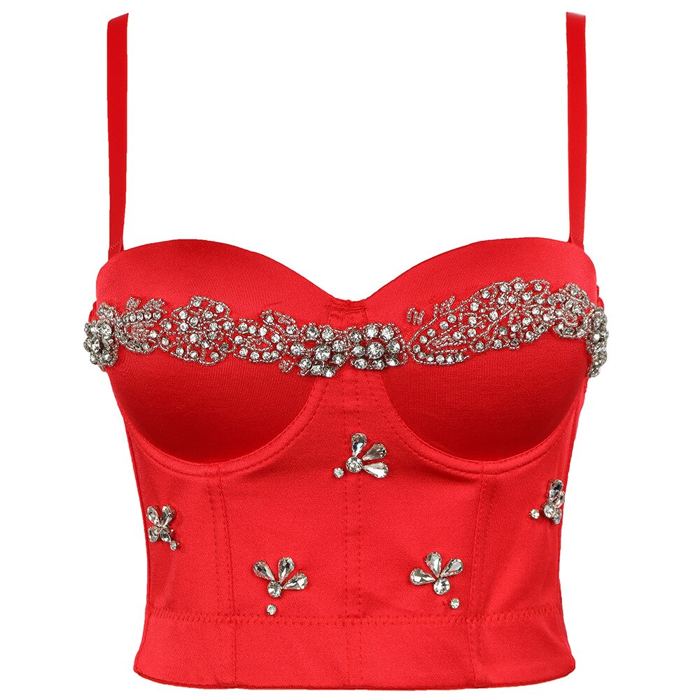 Christmas Rhinestone Sexy Corset Nightclub Party Slim Women Camis Built In Bra Cropped Push Up Breast Crop Top