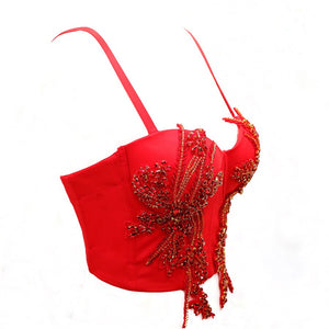 Corset Camis Autumn Sexy Crop Top Stage Acrylic Rhinestone Shine Women Top With Cup Push Up Bra