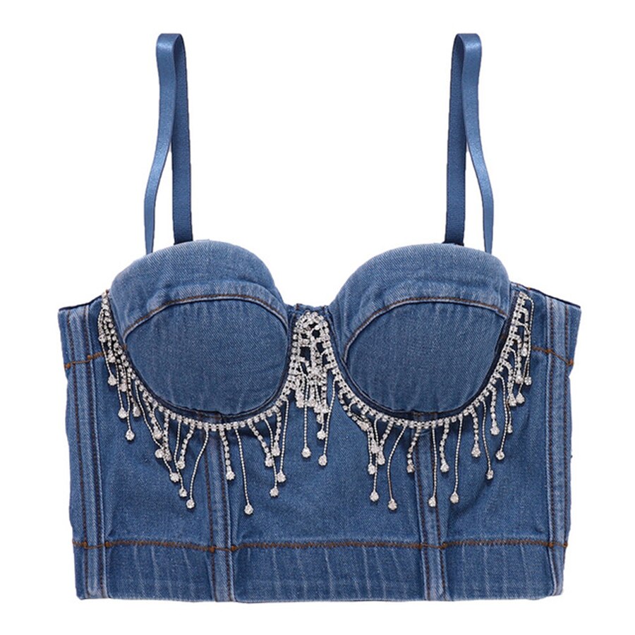 New Performance Sexy Tassel Rhinestones Crop Top Women Harajuku Denim Camis Tops With Built In Bra Push Up Bralette