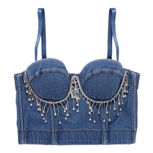 New Performance Sexy Tassel Rhinestones Crop Top Women Harajuku Denim Camis Tops With Built In Bra Push Up Bralette