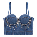 New Performance Sexy Tassel Rhinestones Crop Top Women Harajuku Denim Camis Tops With Built In Bra Push Up Bralette