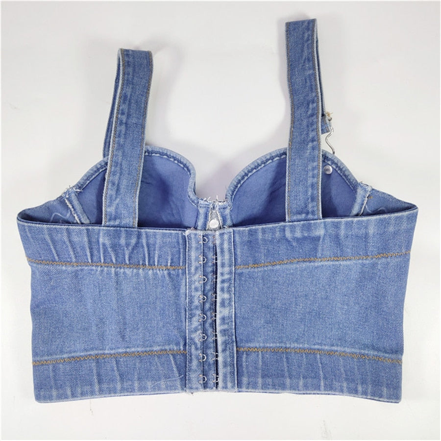 Blue Denim Crop Tank Top Fairy Sexy Summer Crop Top Women Solid Cami Tops With Built In Bra Push Up Bralette