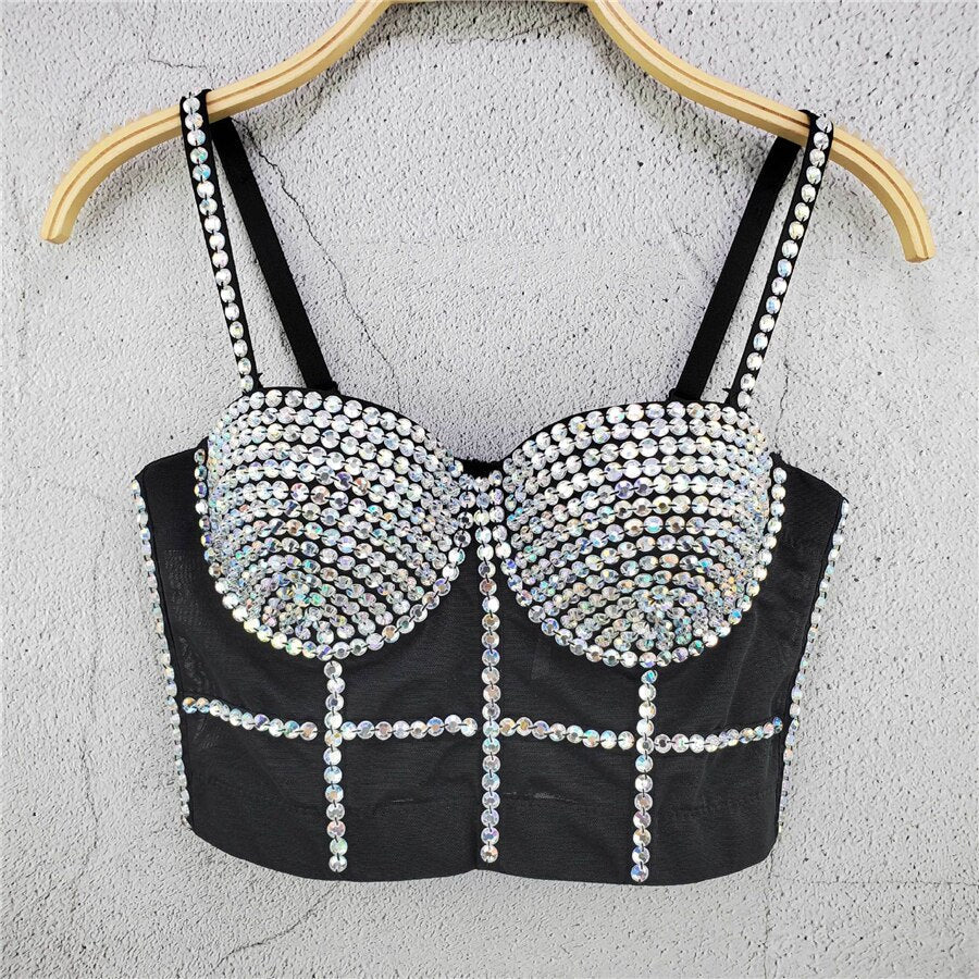 Mesh Camis Summer Short Crop Tank Top Rhinestone Nightclub Top With Built In Bra Sleeveless Corset Off Shoulder Women Clothes