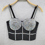Mesh Camis Summer Short Crop Tank Top Rhinestone Nightclub Top With Built In Bra Sleeveless Corset Off Shoulder Women Clothes