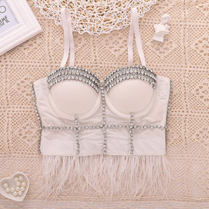 Rhinestone Crop Top With Cups Mesh Tassel Women Nightclub Show Sexy Push Up Bralette Bra Corset Slim Clothes