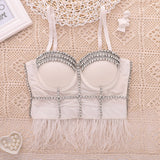 Rhinestone Crop Top With Cups Mesh Tassel Women Nightclub Show Sexy Push Up Bralette Bra Corset Slim Clothes