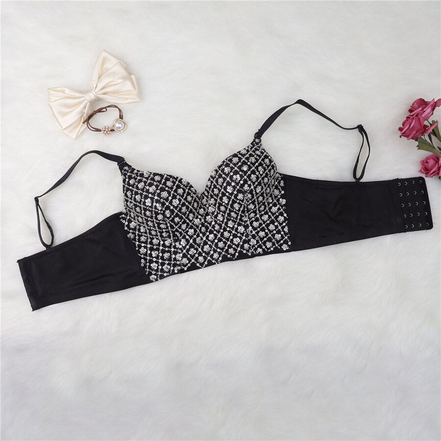 Sequins Beaded Top Short Sexy Push Up Chest Nightclub Party Crop Top Off Shoulder Camis With Built In Bra