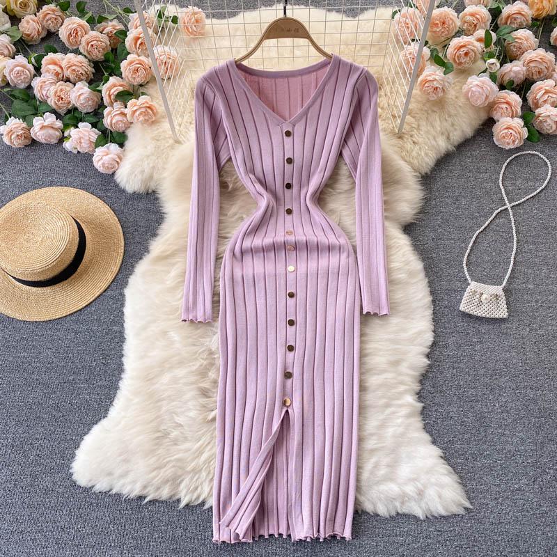 V Neck Long Sleeve Knitted Sweater Dress Winter Front Button Elegant Sexy Bodycon Midi Dress