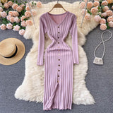 V Neck Long Sleeve Knitted Sweater Dress Winter Front Button Elegant Sexy Bodycon Midi Dress