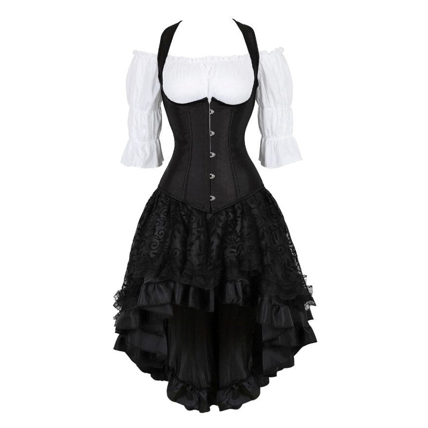Gothic Skirt Set Underbust Corset Asymmetrical Floral Lace Skirt with Renaissance Blouse Three-Pieces Outfits Plus Size