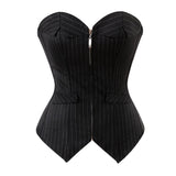 Women Sexy Striped Zipper Office Professional Overbust Corset Lace Up Boned Corsets Bustiers Lingerie Top Black Plus Size