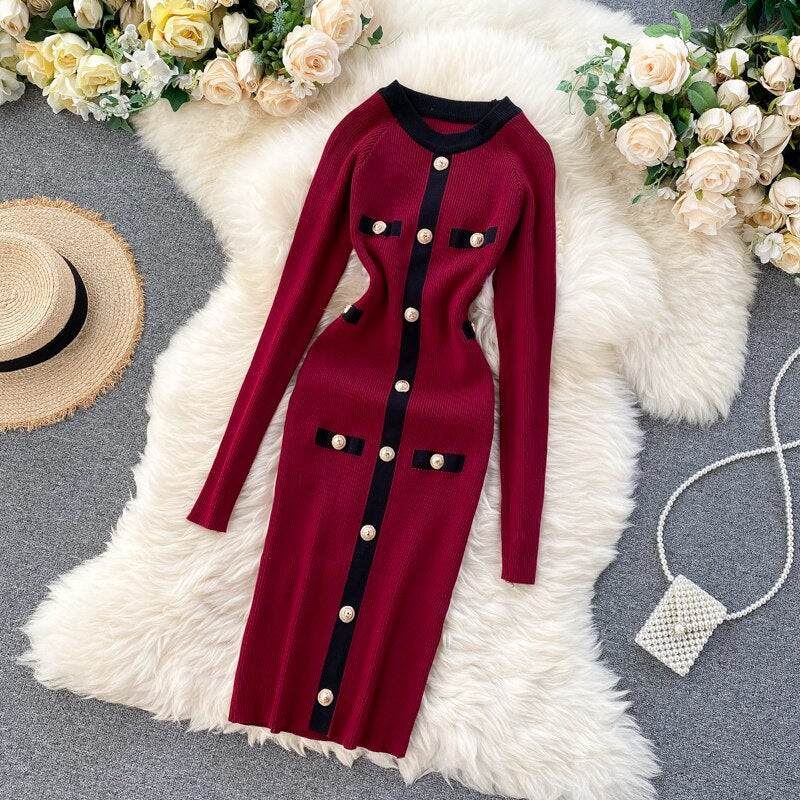 sexy mini sweater dress Office Lady Knitted Sexy Mini Bodycon Dress Contrast Color Trim Button –  FashionLoveHunter