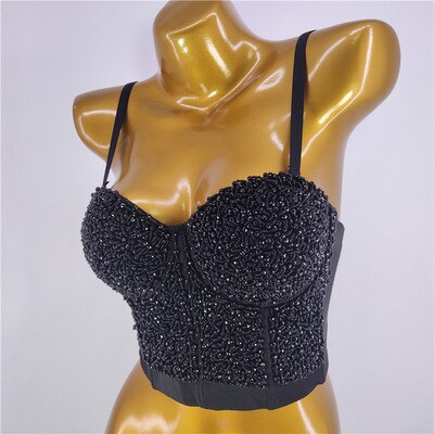 Sexy Crop Top Nightclub Show Corset Sleeveless Beads Top Women Camis Tops With Built In Bra Push Up Bralette
