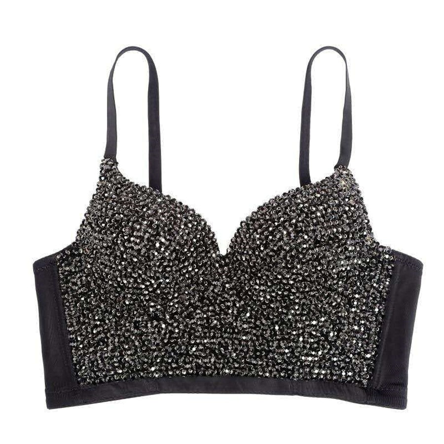 Rhinestone Sexy Top Nightclub Shines Crop Top Women Off Shoulder Camis Tops With Built In Bra Push Up Bralette