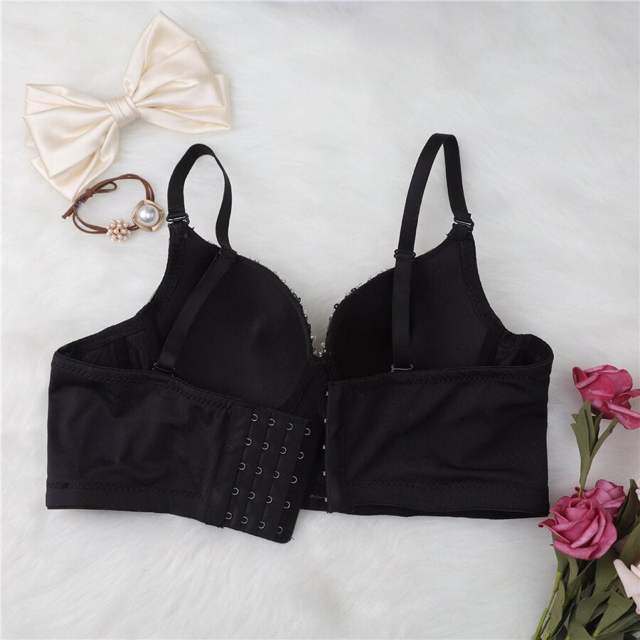 Sequins Beaded Top Short Sexy Push Up Chest Nightclub Party Crop Top Off Shoulder Camis With Built In Bra