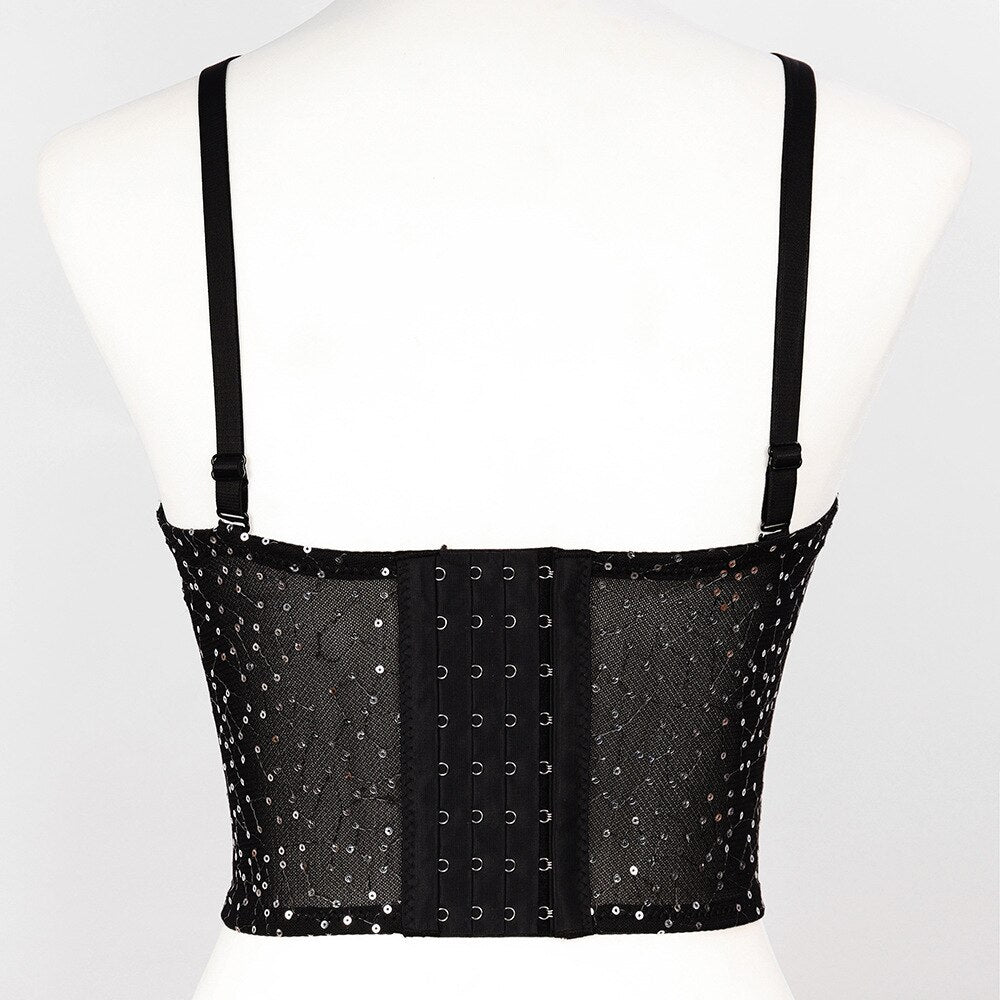 Bow Sequins Sexy Women Crop Top With Cups To Wear Out Cropped Top Nightclub Party Show Corset Push Up Bustier Cami Built in Bra
