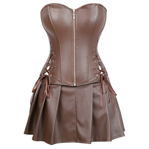 Women Gothic Faux Leather Corset Dress Sexy Overbust Corset Bustier Lingerie Top With Mini Skirt Set Party Burlesque Costume