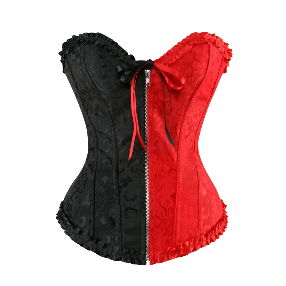 Women Sexy Floral Zipper Overbust Corset  Waist Cincher Slim Lace Up Fashion Jacquard Brocade Corset Bustier Lingerie Top