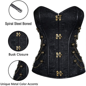 Steampunk Vintage Black Spiral Steel Bone Embroidery Overbust Buckle Corset Waist Trainer Bustier