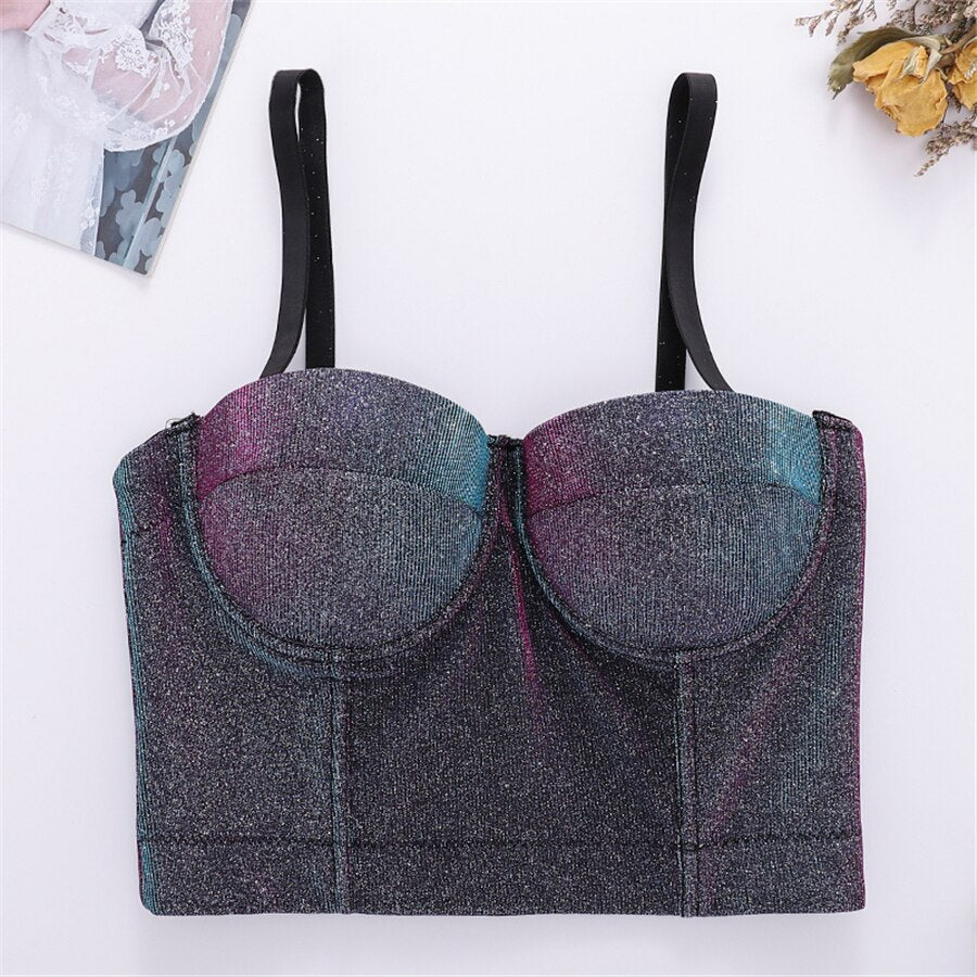 Crop Top with Built In Bra Women Shiny Sexy Body Bright Line Off Shoulder Straps Party Corset Tops Push Up Bralette