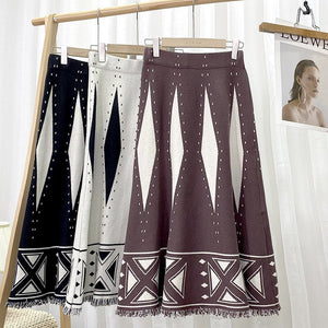 Elegant A Line Women Fringed Hem Contrast Geometric Knitted Skirts Elastic High Waist Midi Long Skirt