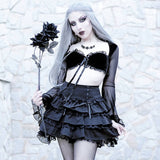 Mall Gothic Sext Velvet Ruffle T Shirt Y2K Grunge Aesthetic Black Chiffon Flare Sleeve Lace Up Tops Punk Retro Harajuku Crop Top