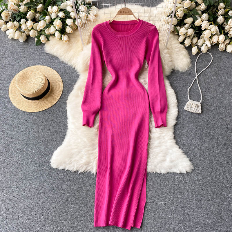 Elegant Winter Fall Ribbed Knitted Midi Dress Crew Neck Long Sleeve Si – FashionLoveHunter