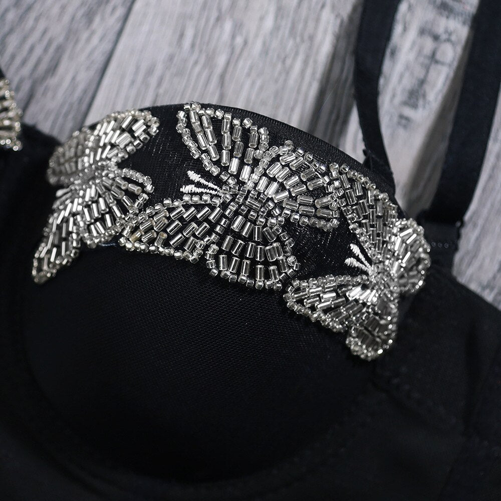 Beaded Mesh Cropped Summer Sexy Corset Party Cup Short Women Camis Built In Bra Cropped Crop Top YH1172