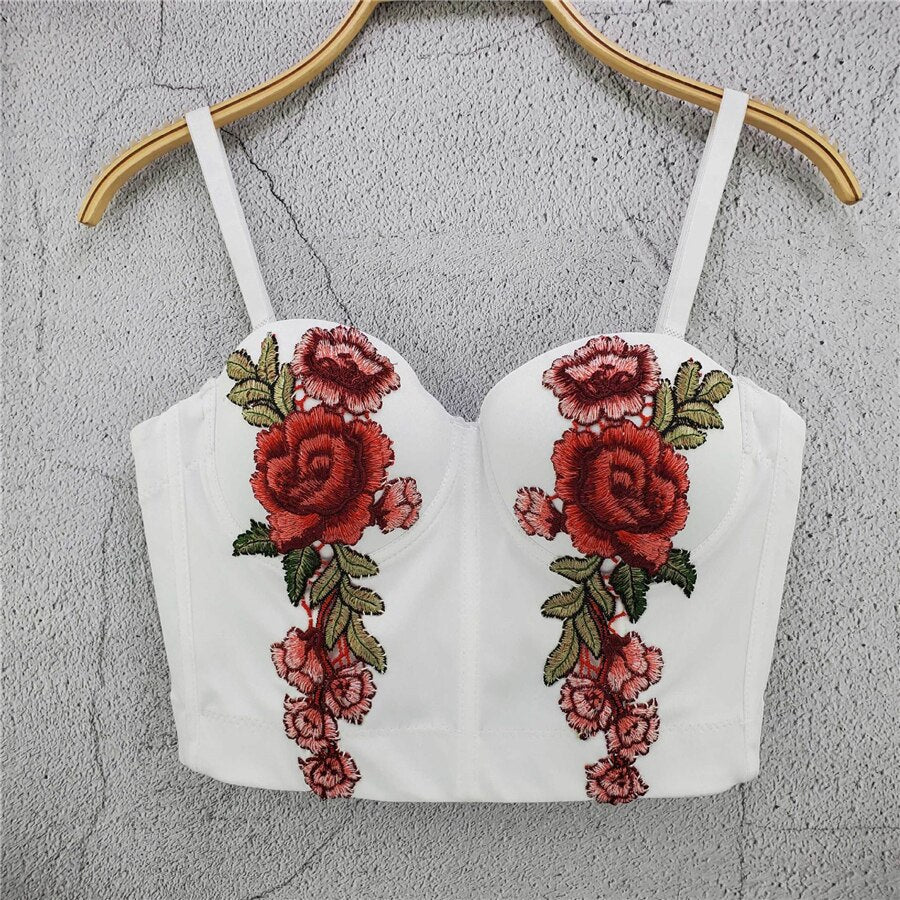 Sexy Crop Top With Built In Bra Full Cup Floral Embroidered Top Fairy Women Off Shoulder Slim Camis Push Up Bralette