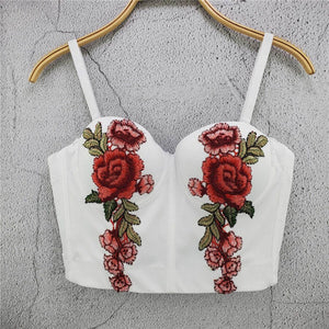 Sexy Crop Top With Built In Bra Full Cup Floral Embroidered Top Fairy Women Off Shoulder Slim Camis Push Up Bralette