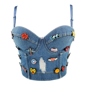 HOLE Denim Cute Appliques Crop Top To Wear Out Autumn Corset Top Women Bra Push Up Bustier