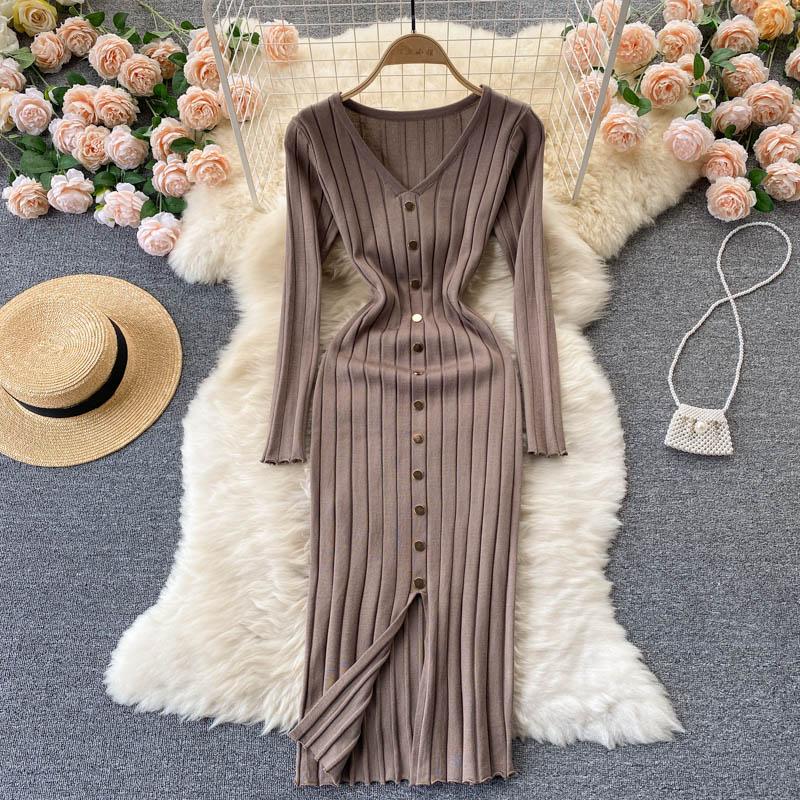 V Neck Long Sleeve Knitted Sweater Dress Winter Front Button Elegant Sexy Bodycon Midi Dress