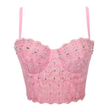 Cropped Tops With Built in Bra Women Lace Bright Glass Beading Crop Top Straps Sexy Women Corset Tops To Wear Out Bustier