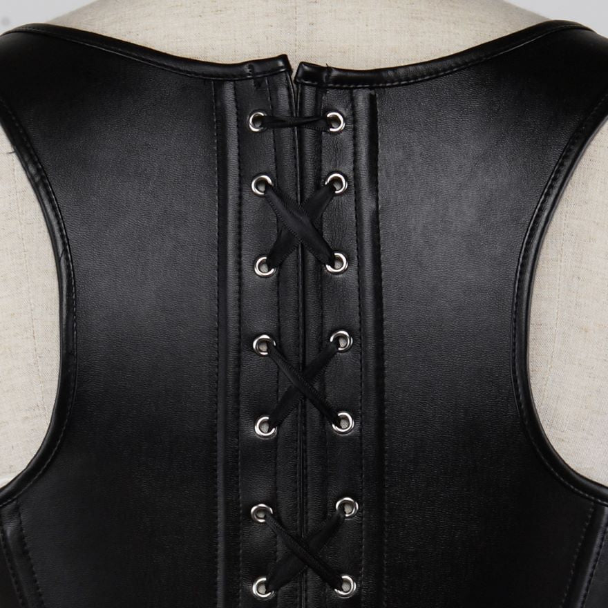 Women Gothic Sexy Faux Leather Straps Corset Vest Studded Zipper Buckles Body Shaper Corset Bustier Lingerie Top Plus Size Black