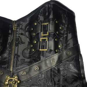 Faux Leather Steel Boned Bustiers Corsets Women Vintage Steampunk Cool Chain Design Brocade Zip up Corselet