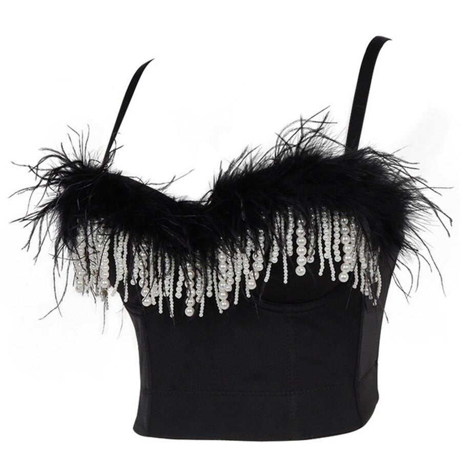 Nightclub Feather Beading Crop Tank Top With Built In Bra Push Up Bralette Spaghetti Strap Tops Camis Clothing