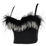 Nightclub Feather Beading Crop Tank Top With Built In Bra Push Up Bralette Spaghetti Strap Tops Camis Clothing